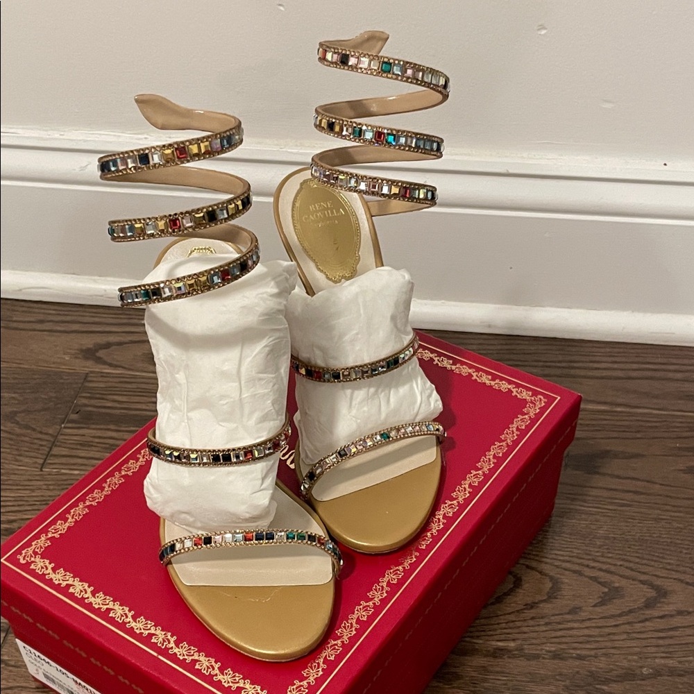 Rene Caovilla Gold Cleo Sandal Multi-Color Embellished Heels